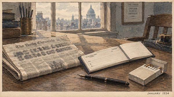 Illustration of a 1930s newspaper proprietor's desk with a paper whose headline is smudged out, a cheque book, a pen and a packet of cigarettes, labelled January 1934