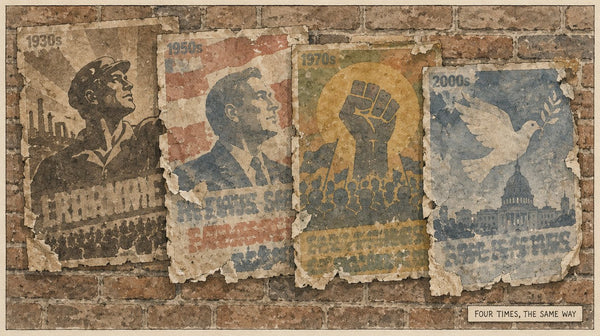 Illustration of four faded political posters from different decades pasted over each other on a brick wall, labelled Four Times, The Same Way