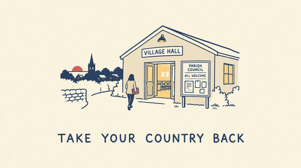 Flat navy line illustration of a village hall doorway at dusk with warm light inside and a small figure walking towards it, captioned Take Your Country Back
