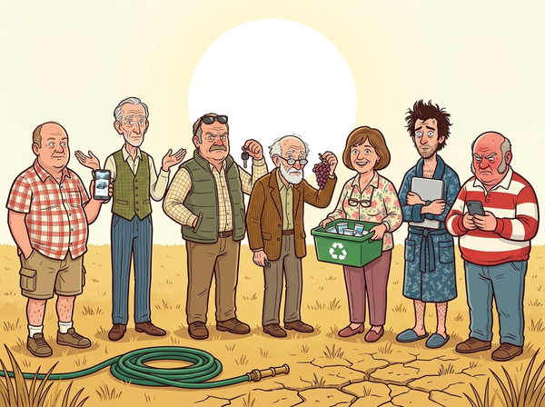Seven caricatured British people standing in a row across a scorched garden of cracked earth beside an unused hosepipe, editorial illustration