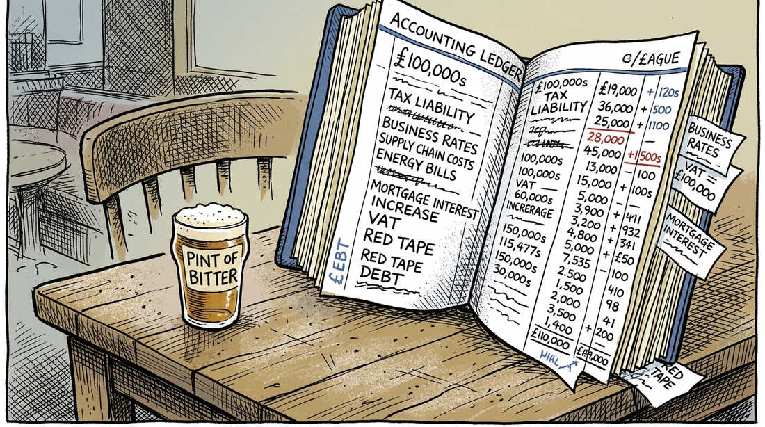 Hand-drawn cartoon of a small pint of bitter on a pub table dwarfed by an enormous accounting ledger with pound figures spilling off the page