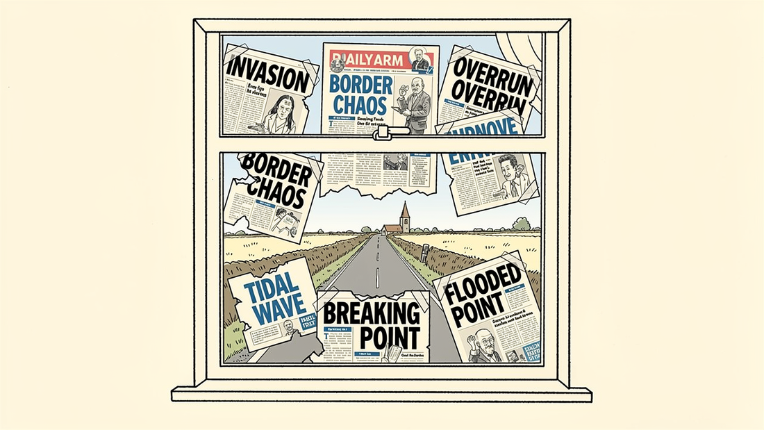 Cottage window: outside is calm Norfolk countryside, inside the glass is plastered with screaming tabloid headlines. Editorial cartoon by VeryBrexitProblems.