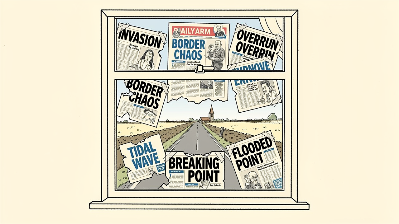 Cottage window: outside is calm Norfolk countryside, inside the glass is plastered with screaming tabloid headlines. Editorial cartoon by VeryBrexitProblems.
