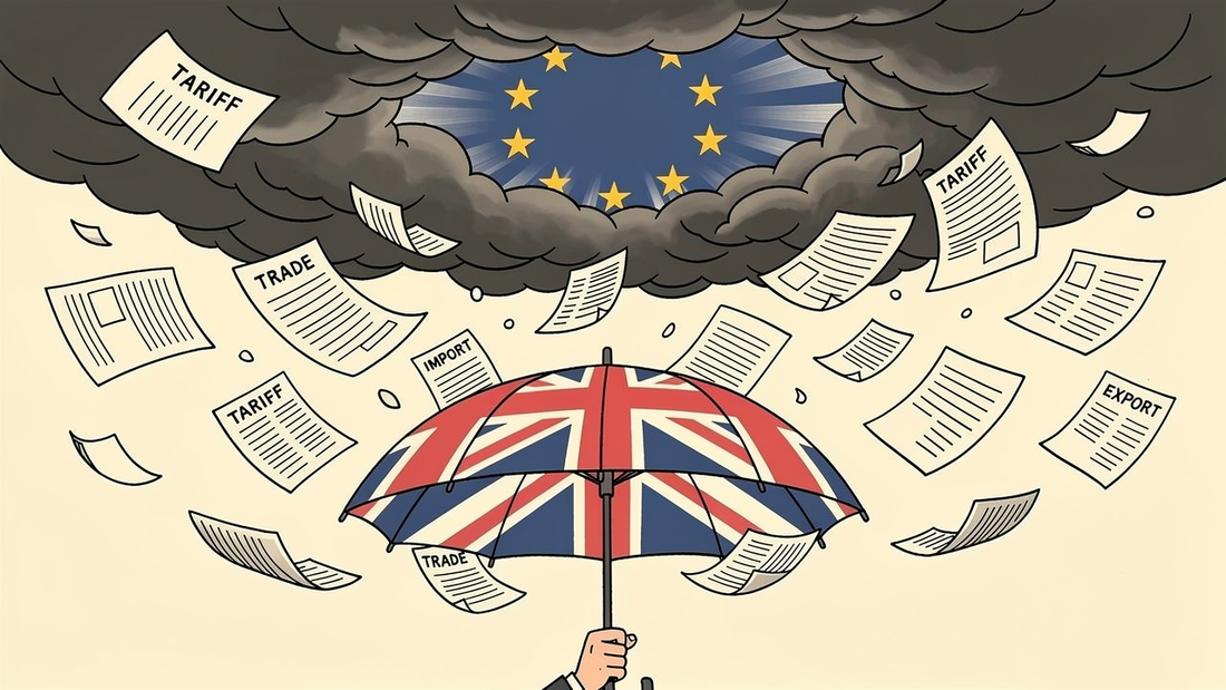 Union Jack umbrella in a storm of tariff papers, EU golden stars breaking through the clouds above — editorial cartoon in the style of Tom Gauld