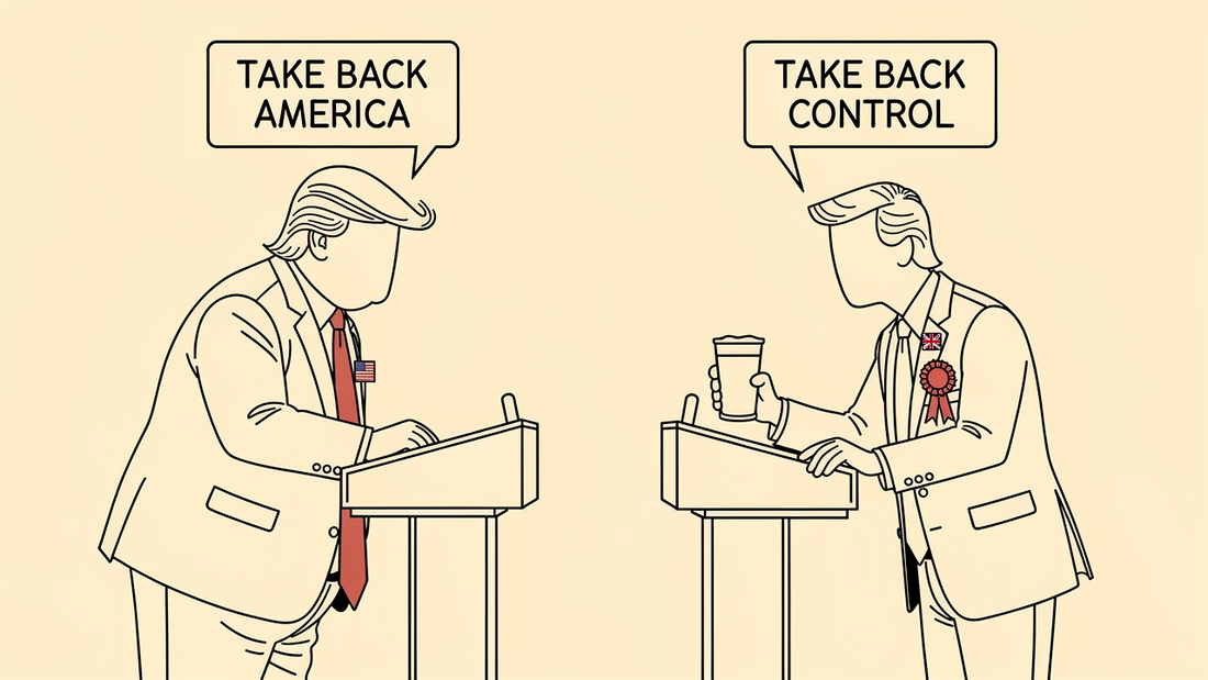 Two line-drawn figures at lecterns — one heavyset with upswept quiff and US flag badge saying TAKE BACK AMERICA, one with side-parted hair, pint glass and Union Jack rosette saying TAKE BACK CONTROL. Editorial cartoon.