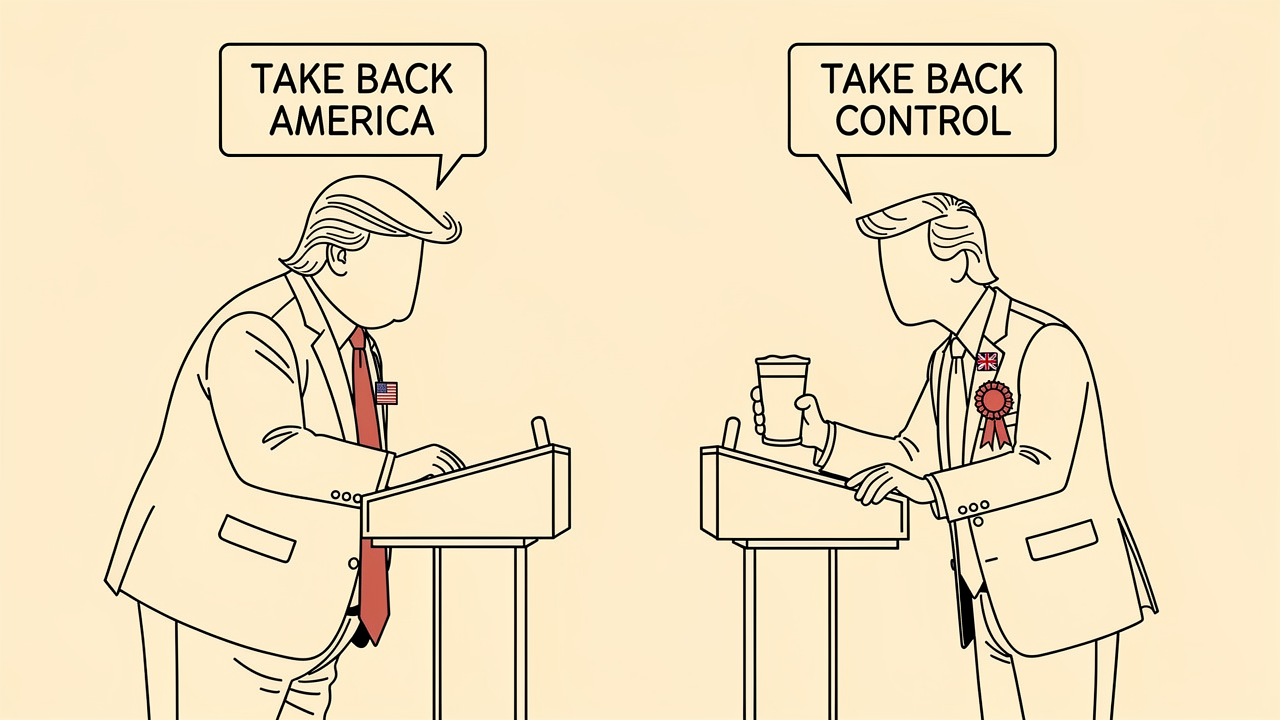 Two line-drawn figures at lecterns — one heavyset with upswept quiff and US flag badge saying TAKE BACK AMERICA, one with side-parted hair, pint glass and Union Jack rosette saying TAKE BACK CONTROL. Editorial cartoon.