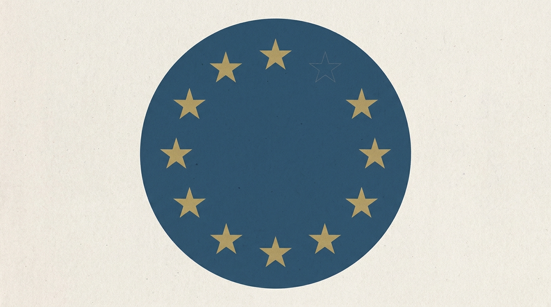 A circle of EU stars on European Union blue with one star faded out