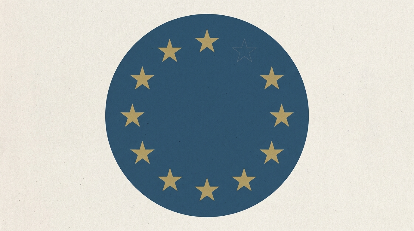 A circle of EU stars on European Union blue with one star faded out