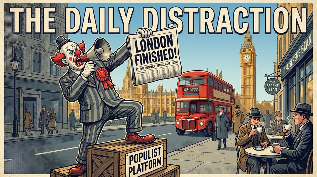 A pompous clown-politician on a soapbox shouts that London is finished while a calm, sunny London carries on behind him.