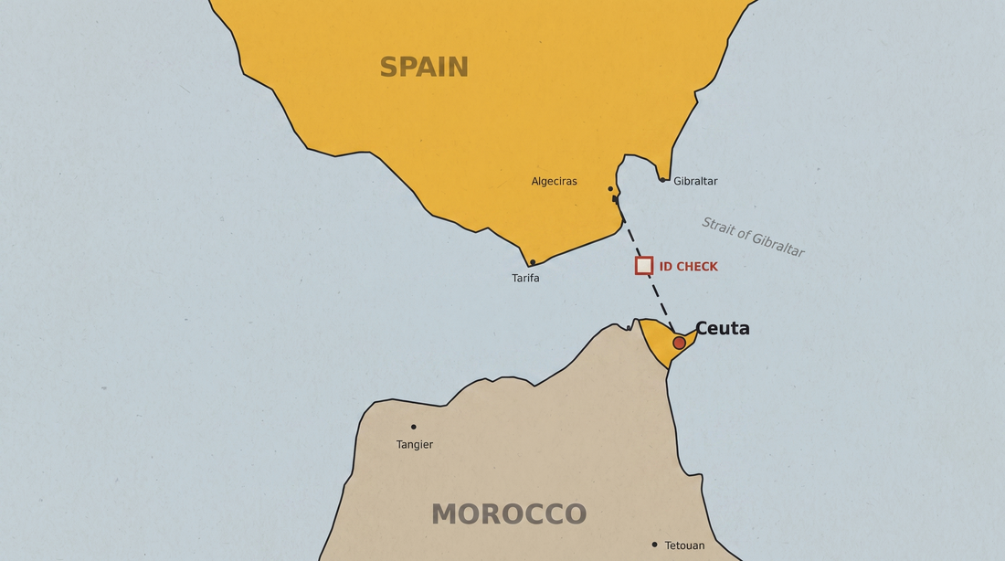 Map of the Strait of Gibraltar showing Ceuta as Spanish territory on the African coast, with an ID check marked on the ferry route north to Algeciras
