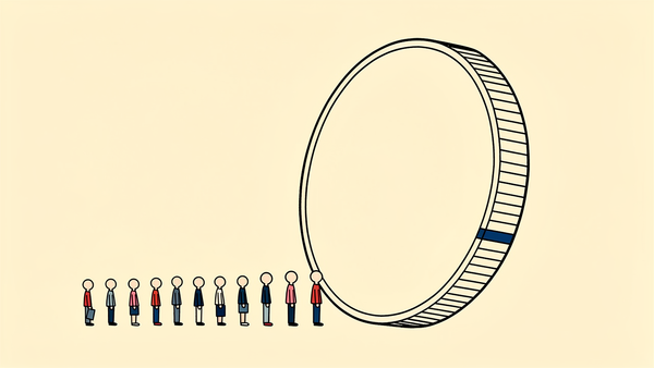Editorial cartoon of one enormous coin standing on its edge running off the top of the frame, with a tiny queue of people at its base looking up, Very Brexit Problems