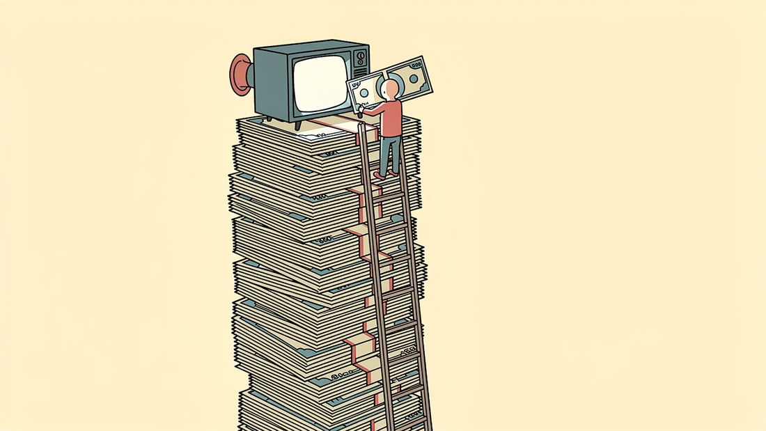 Editorial cartoon of a small television perched on a tall precarious stack of banknotes, with a tiny figure on a ladder tipping more notes into the back of it, Very Brexit Problems