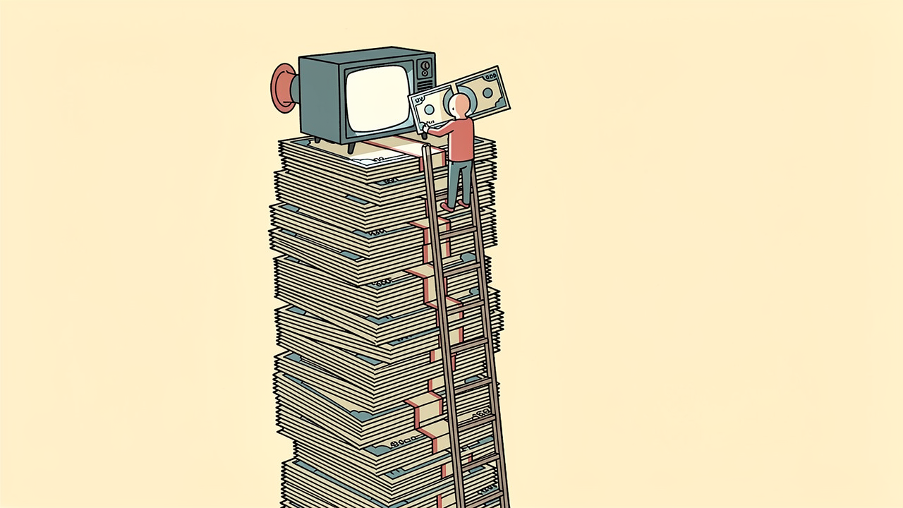 Editorial cartoon of a small television perched on a tall precarious stack of banknotes, with a tiny figure on a ladder tipping more notes into the back of it, Very Brexit Problems