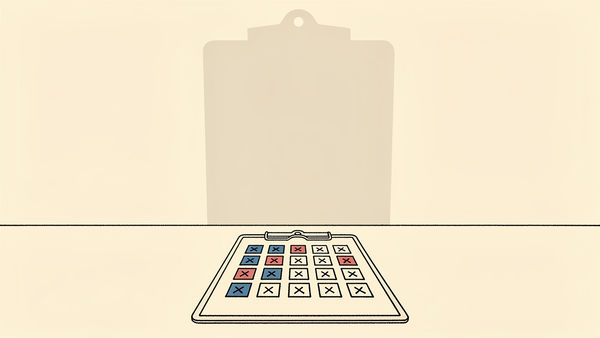 Editorial cartoon of a clipboard holding a ticked checklist on an empty table, casting an enormous looming shadow on the wall behind it, Very Brexit Problems