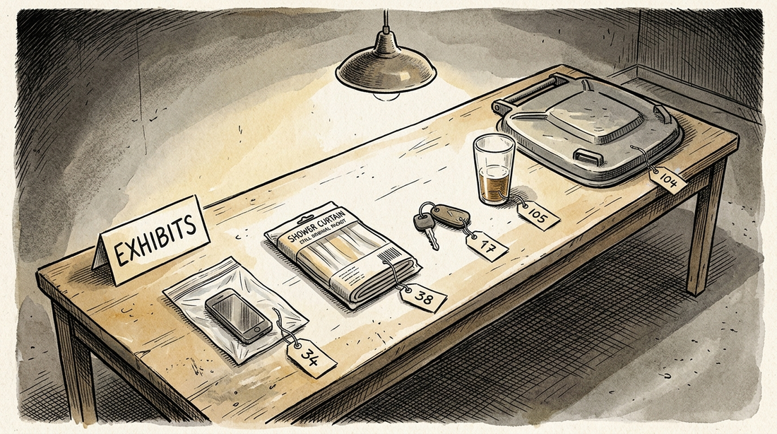 An evidence table laid with tagged exhibits under a single hanging lamp, editorial illustration