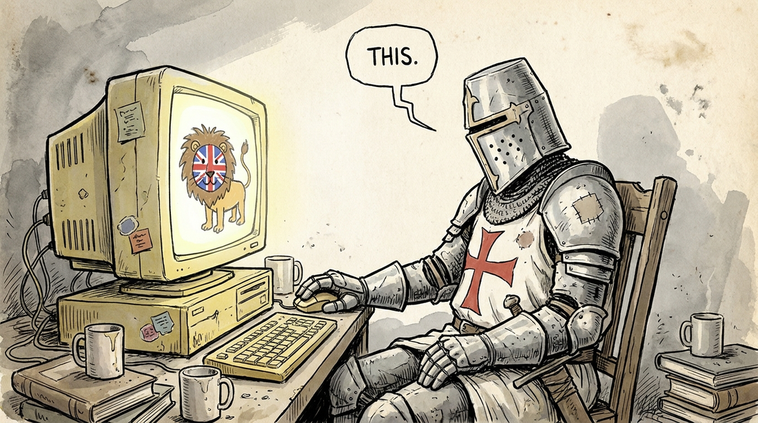 A medieval knight in full armour sits at a battered desktop computer posting THIS - cover illustration
