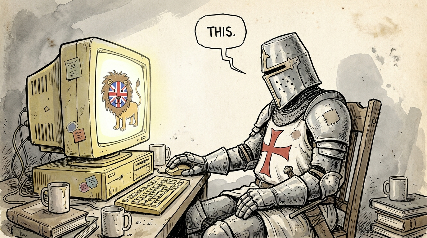 A medieval knight in full armour sits at a battered desktop computer posting THIS - cover illustration