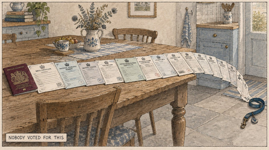 Illustration of a long line of official forms laid end to end across a kitchen table, a British passport at one end and a dog lead at the other, labelled Nobody Voted For This