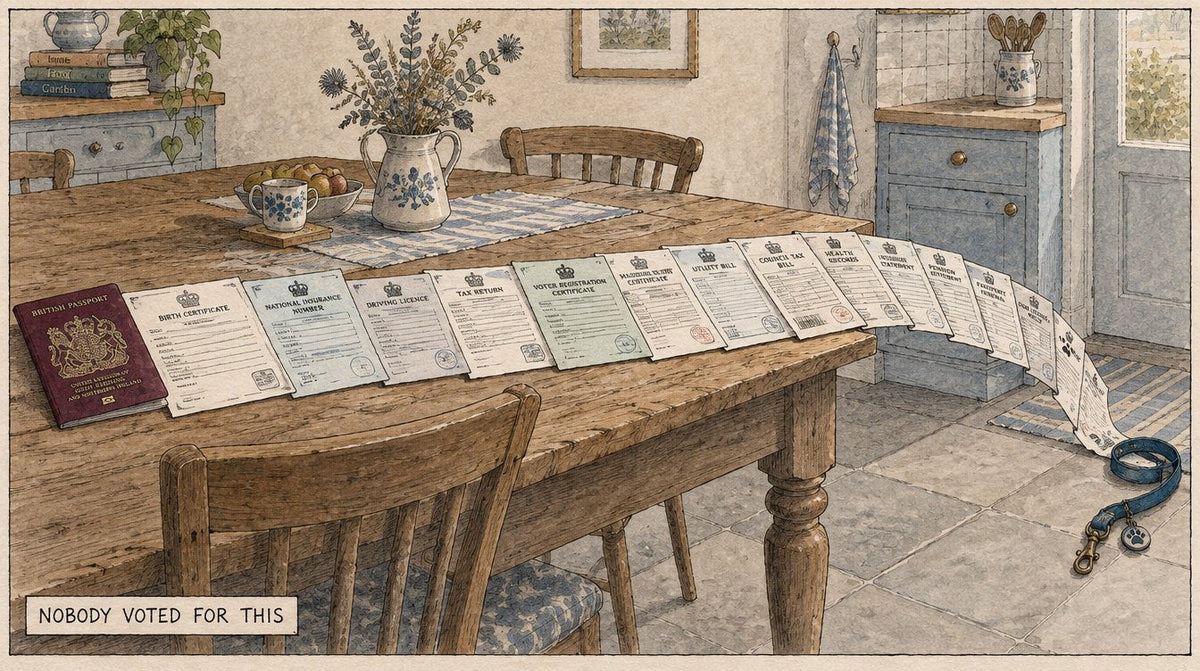 Illustration of a long line of official forms laid end to end across a kitchen table, a British passport at one end and a dog lead at the other, labelled Nobody Voted For This