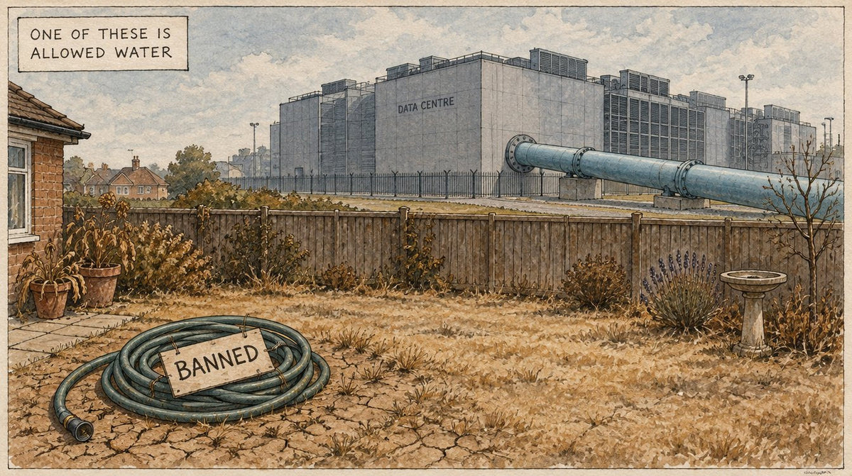 Illustration of a scorched suburban garden with a hosepipe labelled Banned and a huge data centre beyond the fence with a water pipe running into it