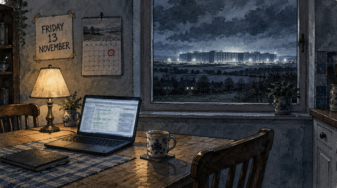 Ink and wash illustration of a kitchen table at night with a laptop, a calendar with Friday 13 November circled, and a data centre glowing beyond the window