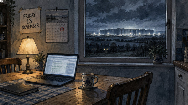 Ink and wash illustration of a kitchen table at night with a laptop, a calendar with Friday 13 November circled, and a data centre glowing beyond the window