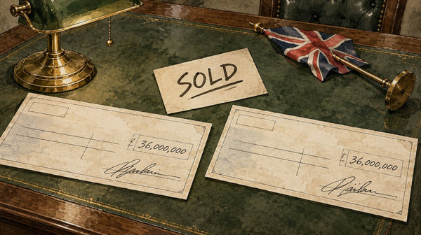 Ink and watercolour illustration of two cheques for thirty six million pounds on a green leather desk beside a fallen Union Jack desk flag and a card reading Sold