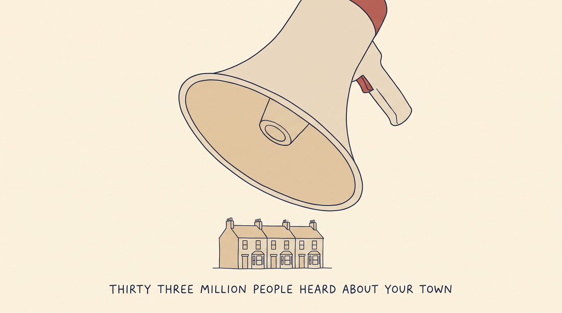 Line illustration of an enormous megaphone hanging over three small British terraced houses, captioned thirty three million people heard about your town, Very Brexit Problems