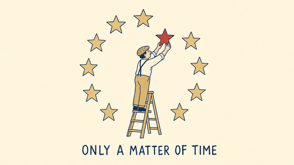 Cartoon man on a stepladder fitting a red twelfth star into a ring of gold stars, captioned Only A Matter Of Time