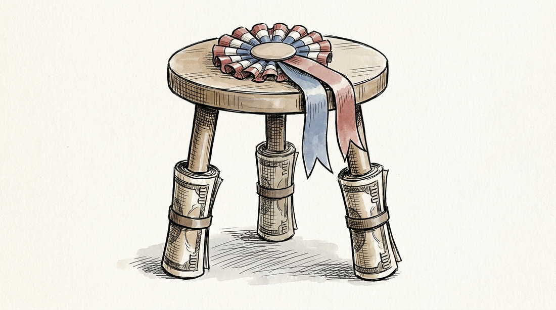 Hand-drawn cartoon of a three-legged wooden stool, each leg propped on a bundle of banknotes, with an oversized political rosette resting on the seat