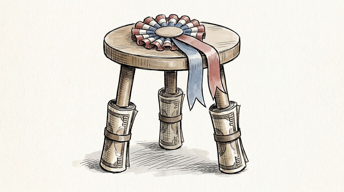 Hand-drawn cartoon of a three-legged wooden stool, each leg propped on a bundle of banknotes, with an oversized political rosette resting on the seat