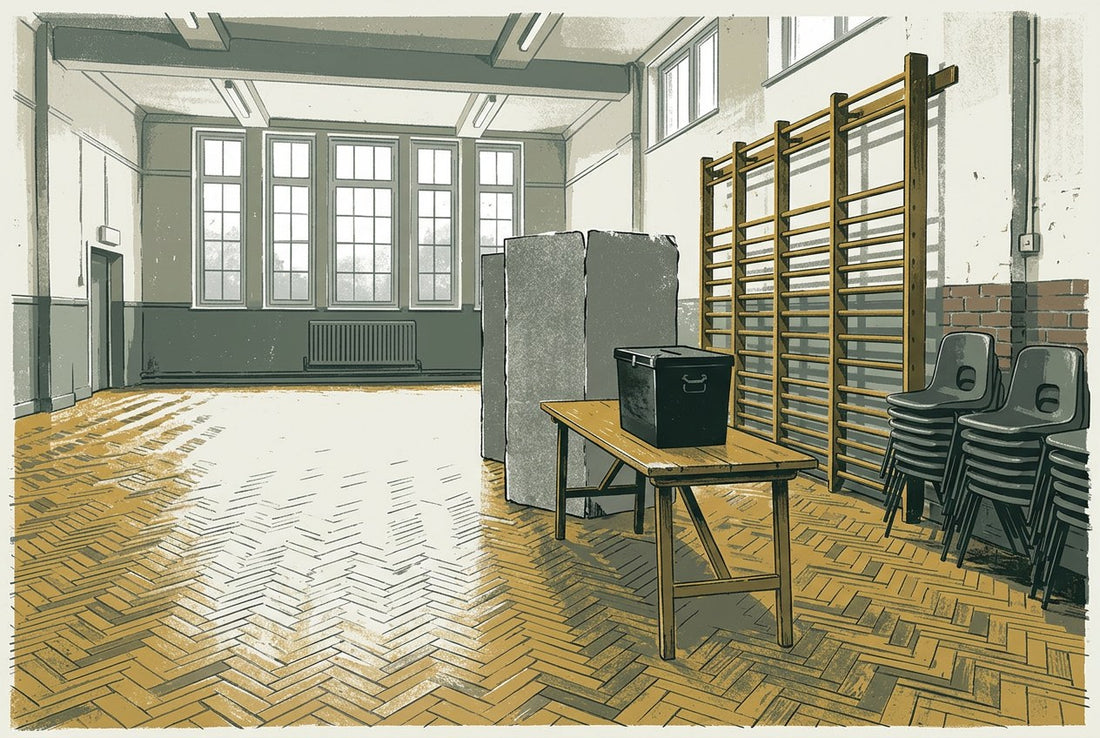 A British school hall set up as a polling station, with a ballot box on an exam table and wall bars behind, editorial illustration