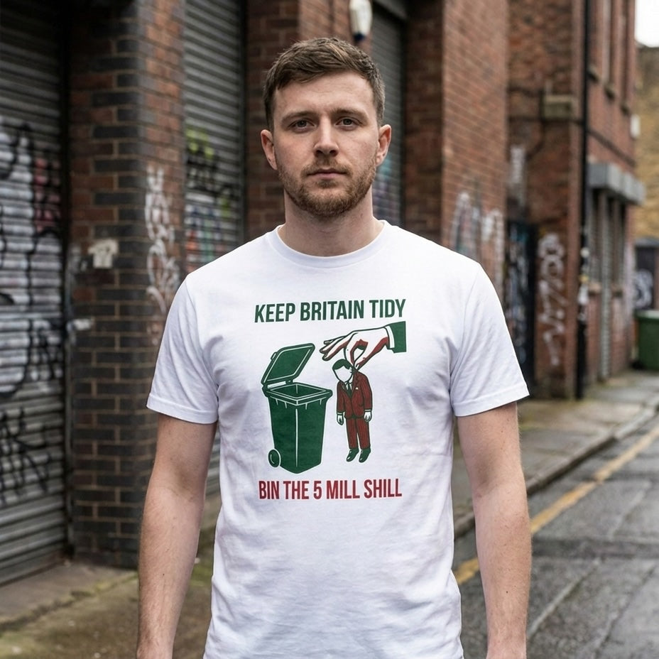Man on a city street wearing the white Bin the 5 Mill Shill t-shirt, print close and legible, Very Brexit Problems
