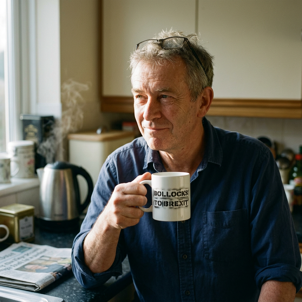 Man in a kitchen with the kettle on holding the white Bollocks to Brexit mug, print close and legible, Very Brexit Problems