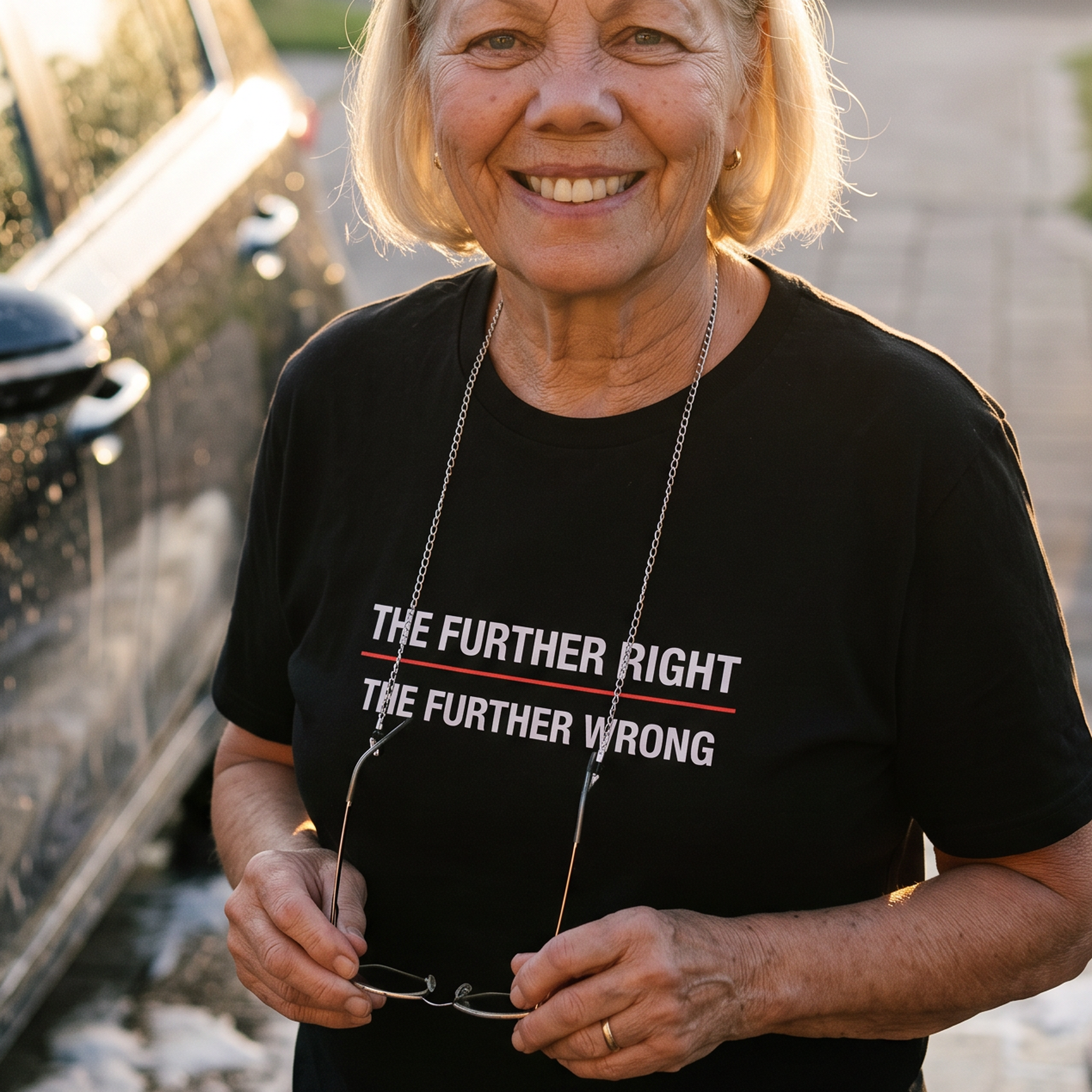 Close-up of a black The Further Right, The Further Wrong t-shirt, the six-word slogan and red line across the chest
