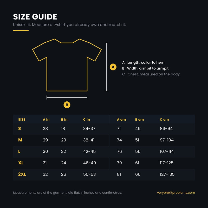 Unisex t-shirt size guide showing length, width and chest measurements in inches and centimetres