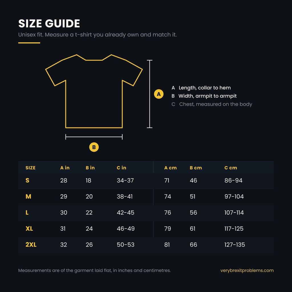 Unisex t-shirt size guide showing length, width and chest measurements in inches and centimetres