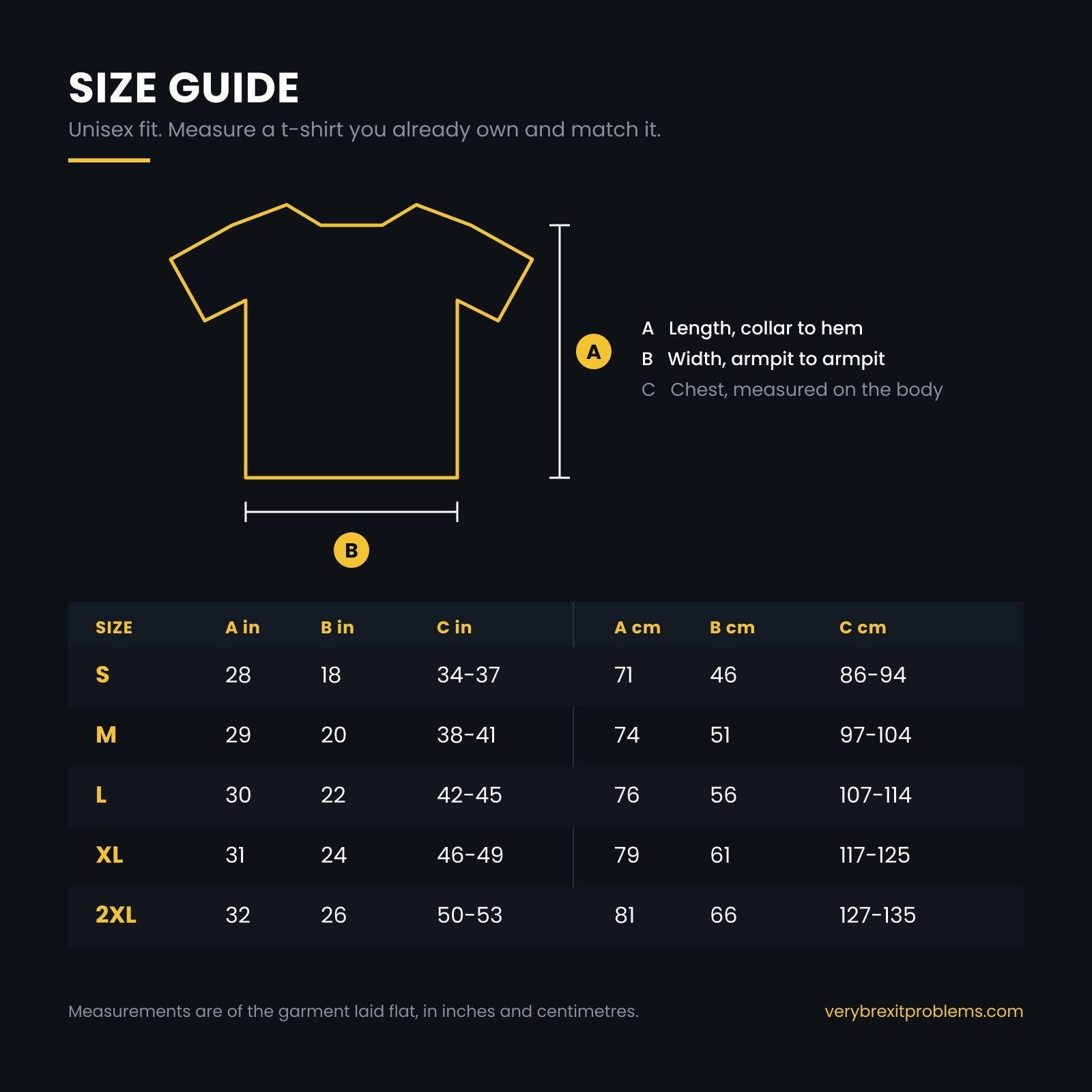 Size guide for the unisex t-shirt, length width and chest measurements from S to 2XL in inches and centimetres