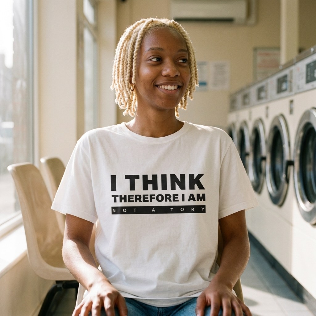Woman in a white I am not a Tory t-shirt in a launderette