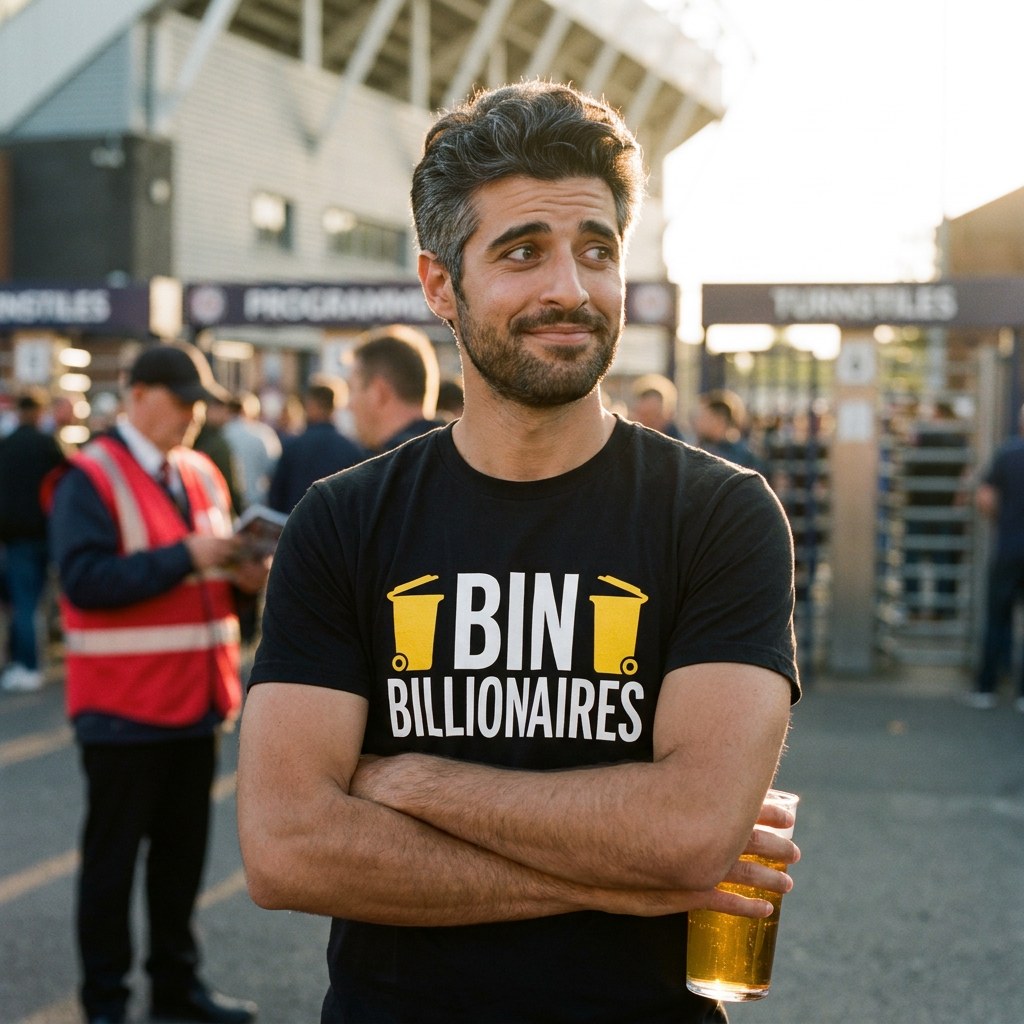 Man in a black Bin Billionaires t-shirt outside a football ground