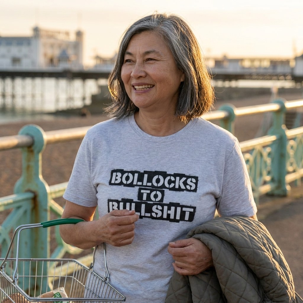 Woman in an athletic heather Bollocks to Bullshit t-shirt on Brighton seafront