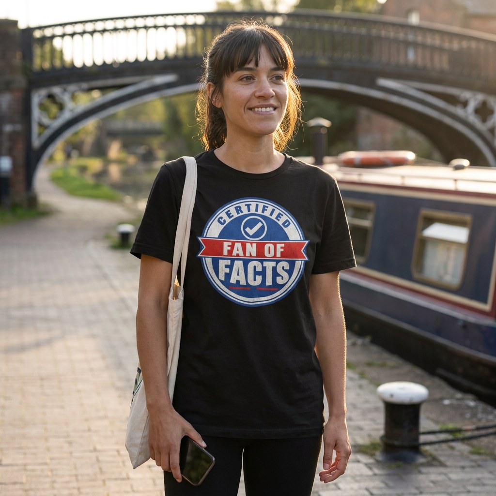 Woman in a black Certified Fan of Facts t-shirt on a canal towpath