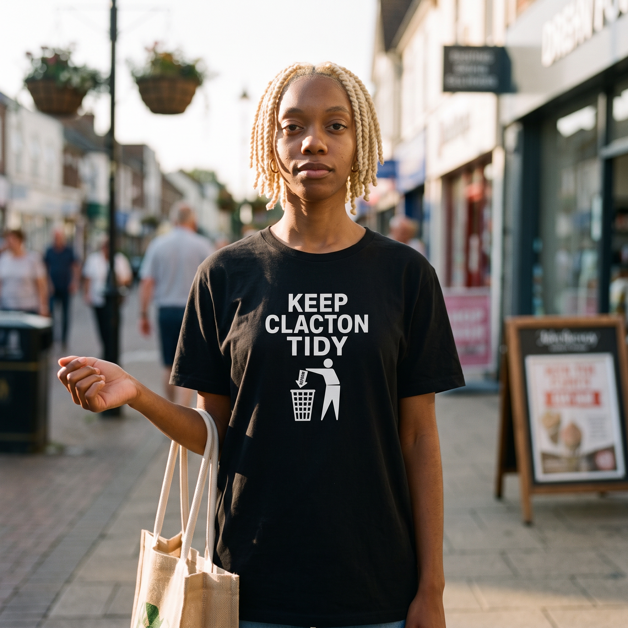 Woman in a black Keep Clacton Tidy t-shirt on a British high street