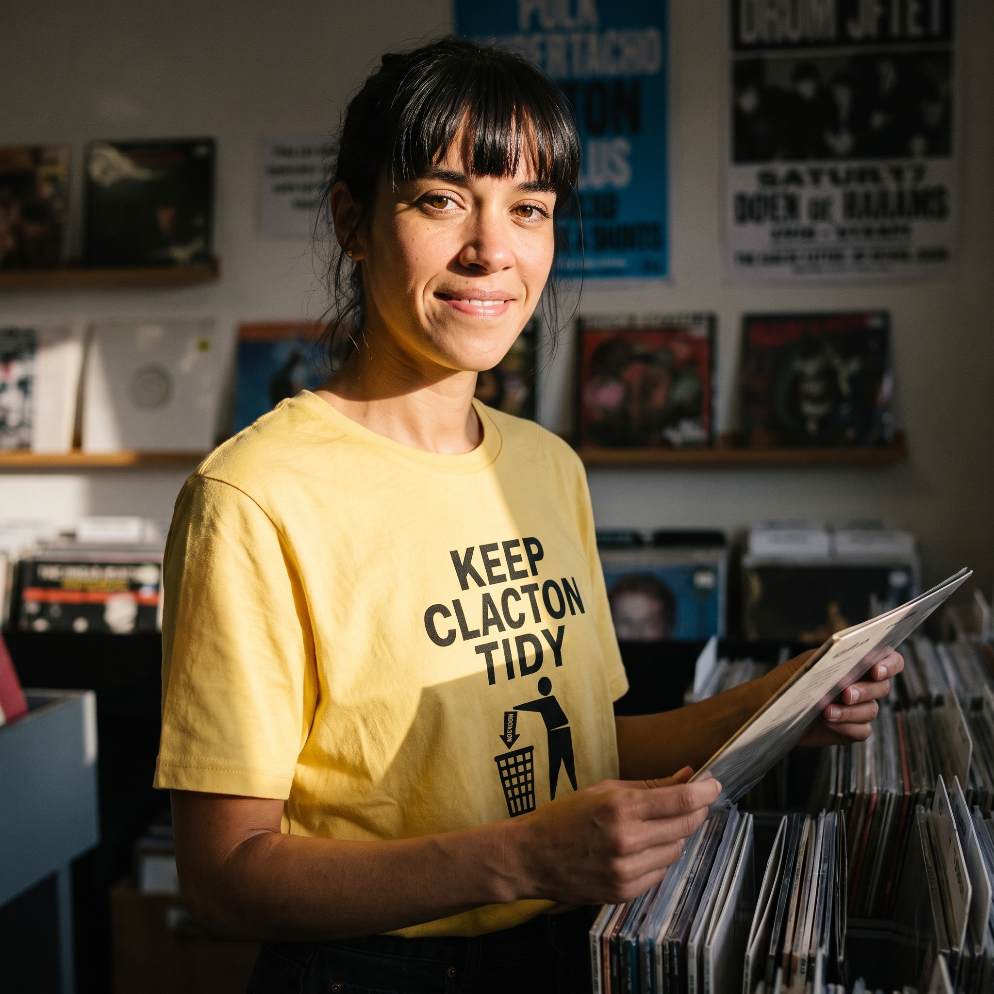 Woman in a yellow Keep Clacton Tidy t-shirt in a British record shop