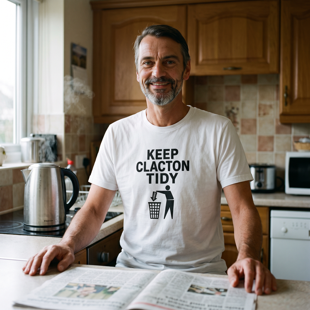 Man in a white Keep Clacton Tidy t-shirt in a British kitchen