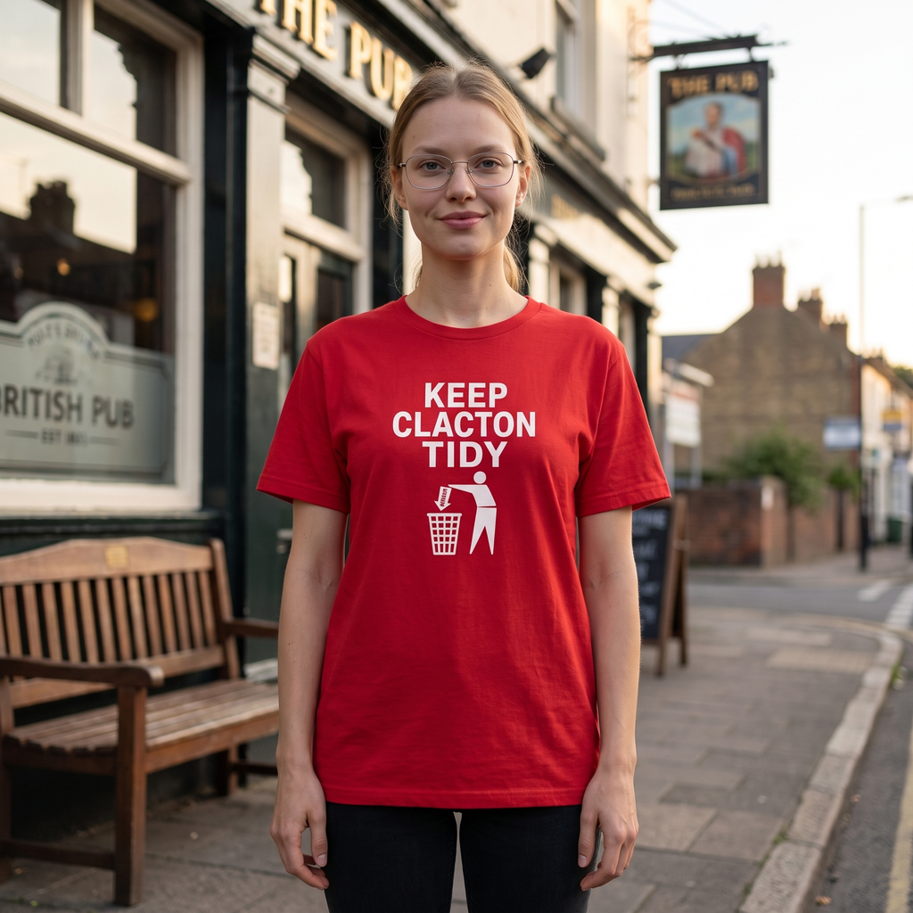 Woman in a red Keep Clacton Tidy t-shirt outside a British pub