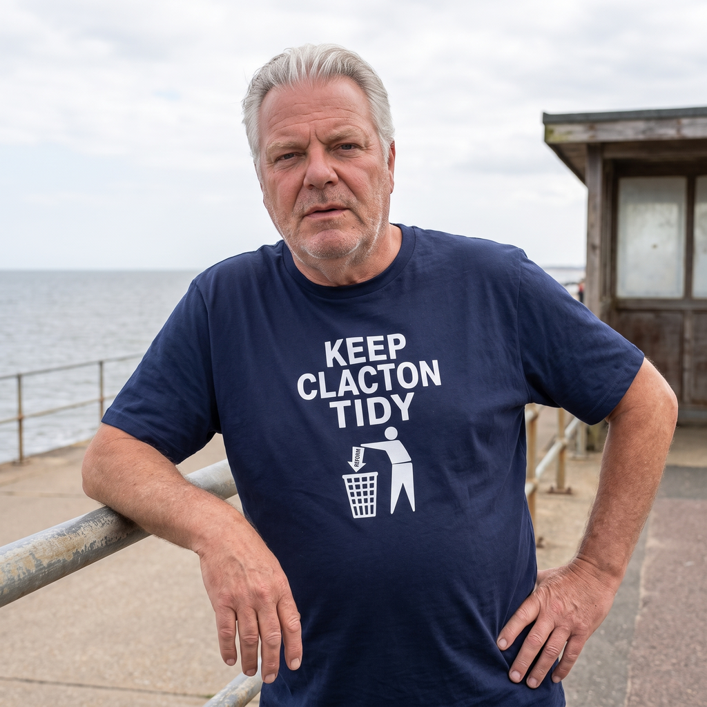 Man in a navy Keep Clacton Tidy t-shirt on an English seaside promenade