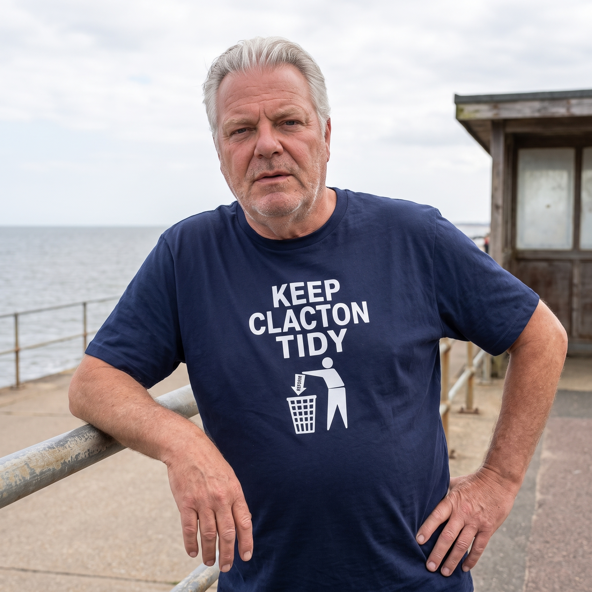 Man in a navy Keep Clacton Tidy t-shirt on an English seaside promenade