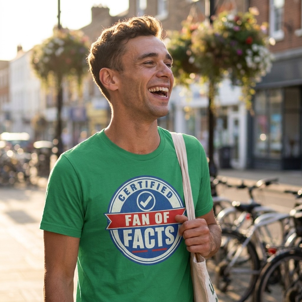 Man in a kelly green Certified Fan of Facts t-shirt on the high street