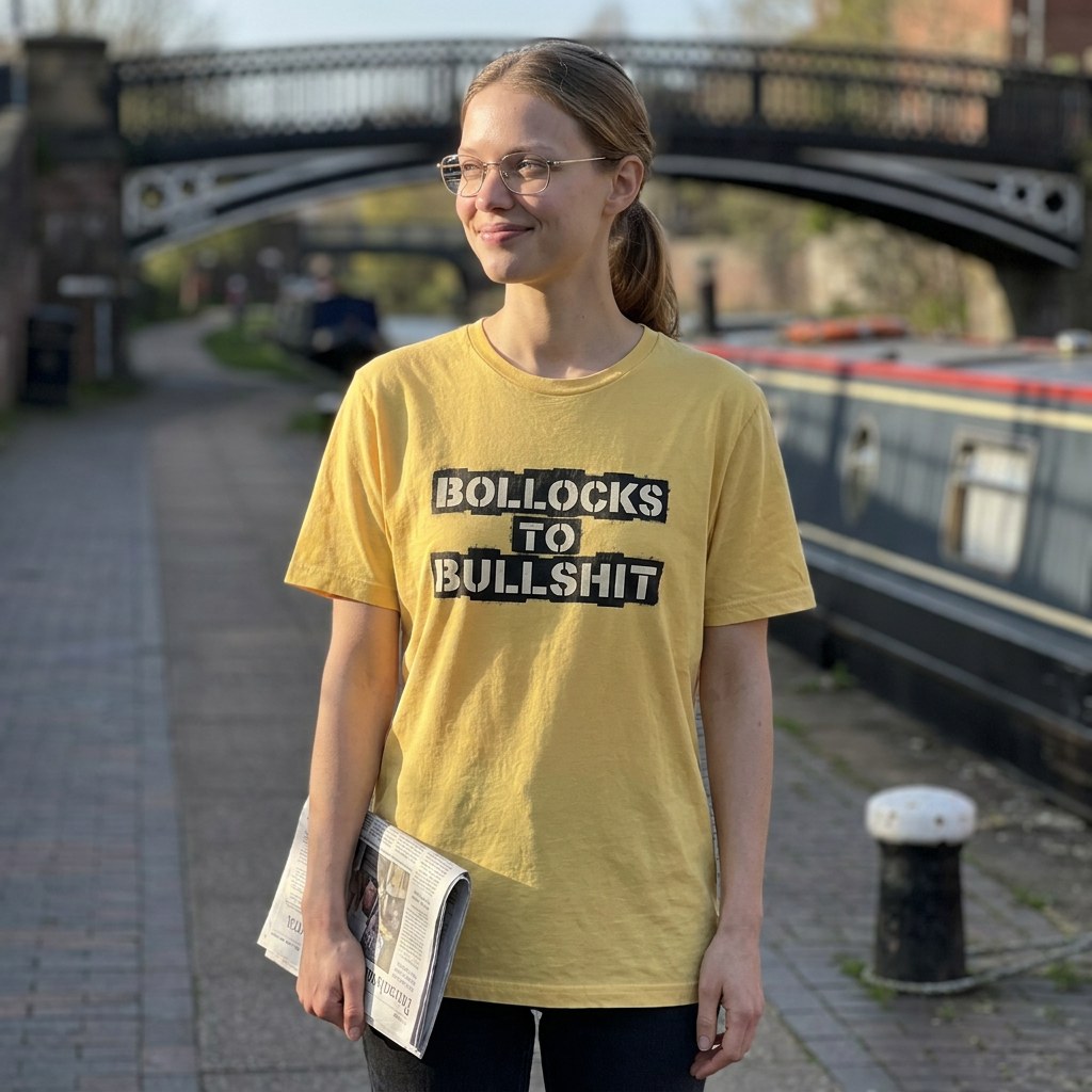 Woman in a yellow Bollocks to Bullshit t-shirt on a canal towpath